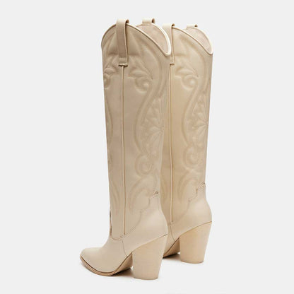 Ivory Pointed Toe Embroidered Knee-high Block Heel Cowgirl Boots