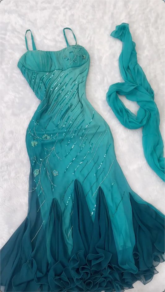 amakanas-Teal Gradient Sling Gown, Sequin Embroidered Mermaid Dress with Matching  Scarf Evening Gown gh6002