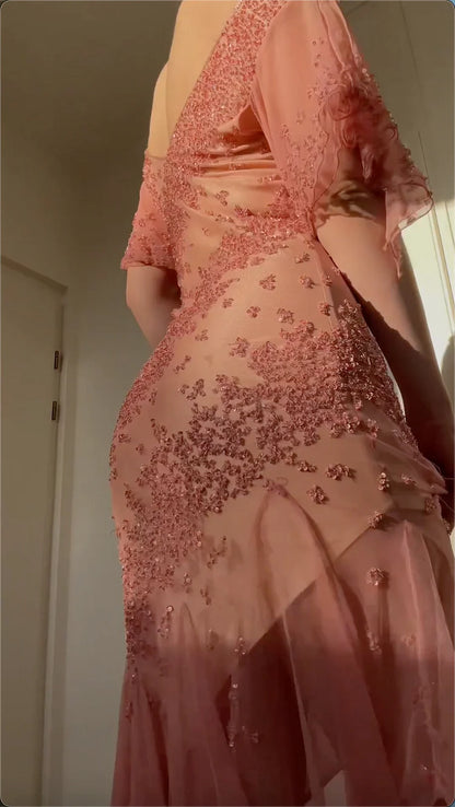 Vintage Pink Chiffon Sequin Prom Dress Sheath Off-the-shoulder Evening Dress Long Formal Dress TP4690