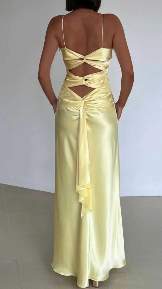 Yellow Fashion V-neck Spaghetti Straps Elegant Long Satin Back lace-up Ball Gown Evening Dress Party Dress gh3160