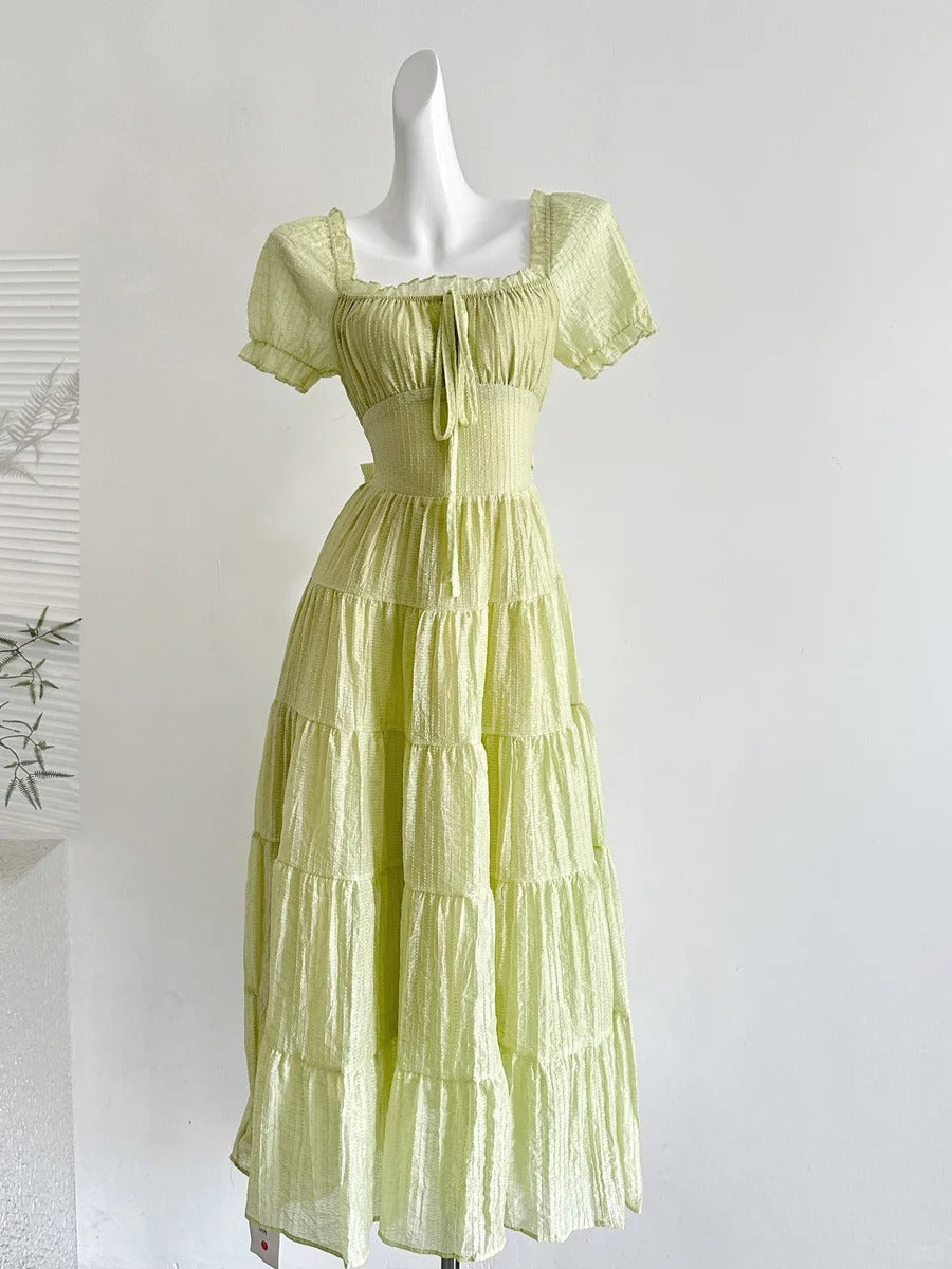 Fresh Light Green A-line Short-sleeved Back Hollow Long Prom Dress Bridesmaid Dress P4003