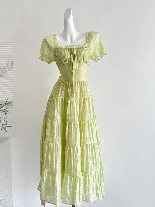 Fresh Light Green A-line Short-sleeved Back Hollow Long Prom Dress Bridesmaid Dress P4003