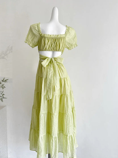 Fresh Light Green A-line Short-sleeved Back Hollow Long Prom Dress Bridesmaid Dress P4003