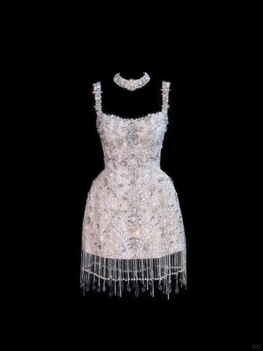 amakanas-Pink Exquisite Beaded Short Satin Homecoming Dress Birthday Party Dress gh5376