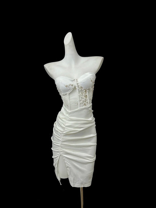 White Beaded Short Satin Homecoming Dress Prom Dress Evening Dress Party Dress gh4831