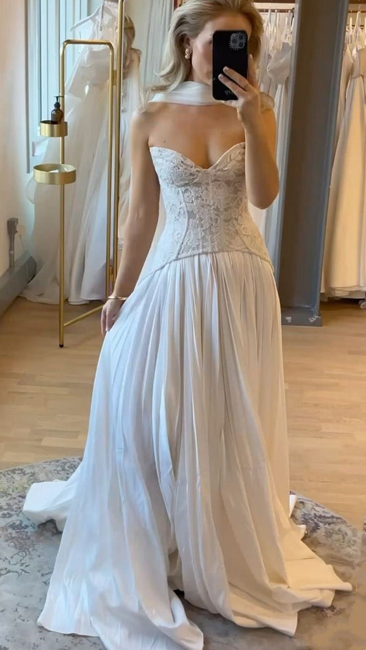 amakanas-White, delicate lace long gown for bride gh6174