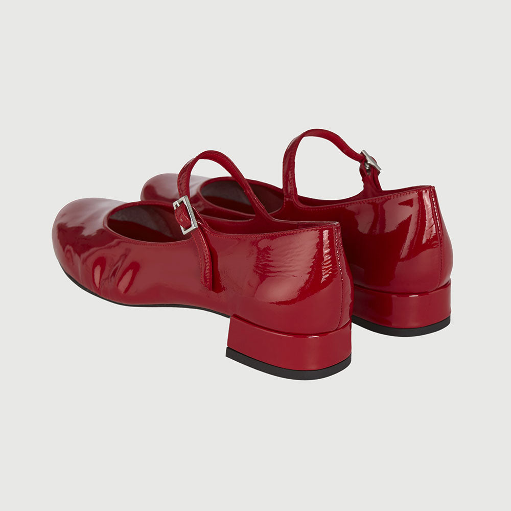 Red Patent Leather Round Toe Buckle Strap Elegant Mary Jane Flats