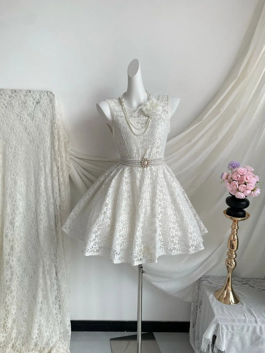 amakanas-White Vintage Lace Short Homecoming Dress Birthday Party Dress gh5238