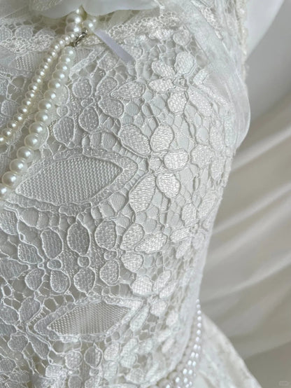 amakanas-White Vintage Lace Short Homecoming Dress Birthday Party Dress gh5238