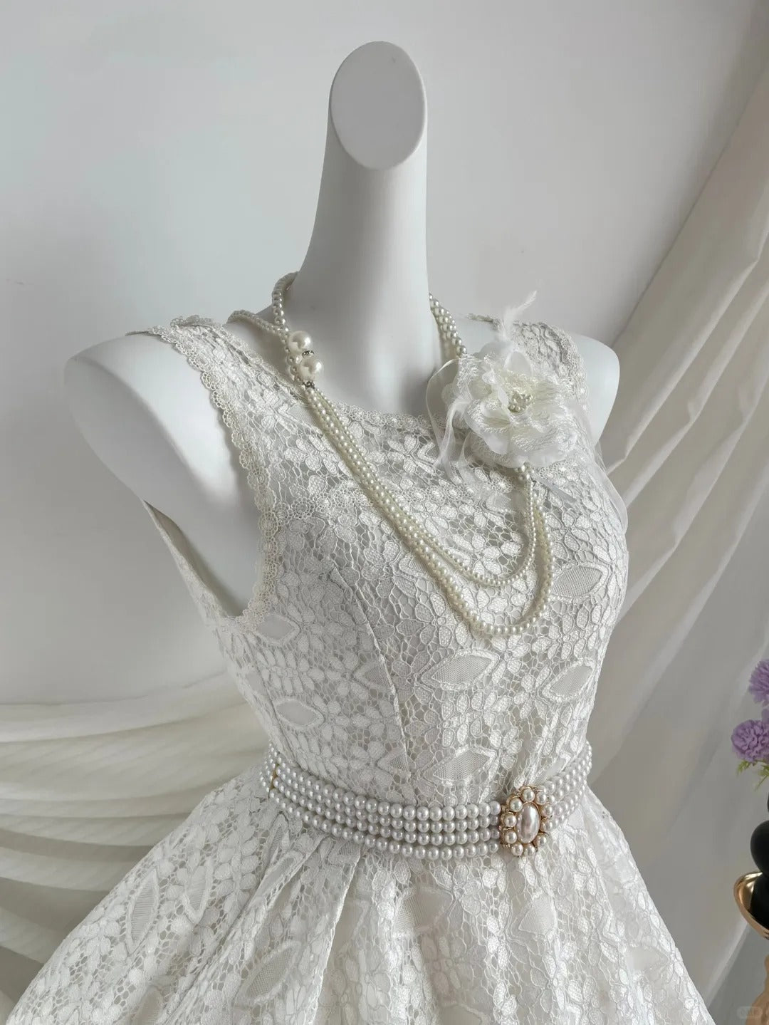 amakanas-White Vintage Lace Short Homecoming Dress Birthday Party Dress gh5238