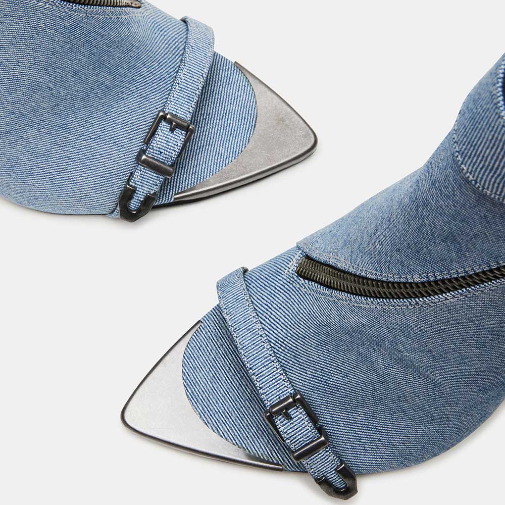Denim Pointed Stiletto Heel Zipper Peep Toe Ankle Boots with Buckle