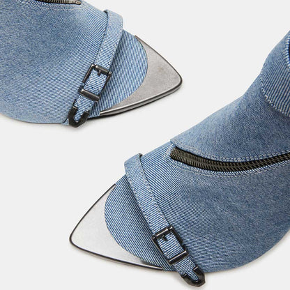 Denim Pointed Stiletto Heel Zipper Peep Toe Ankle Boots with Buckle