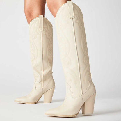 Ivory Pointed Toe Embroidered Knee-high Block Heel Cowgirl Boots