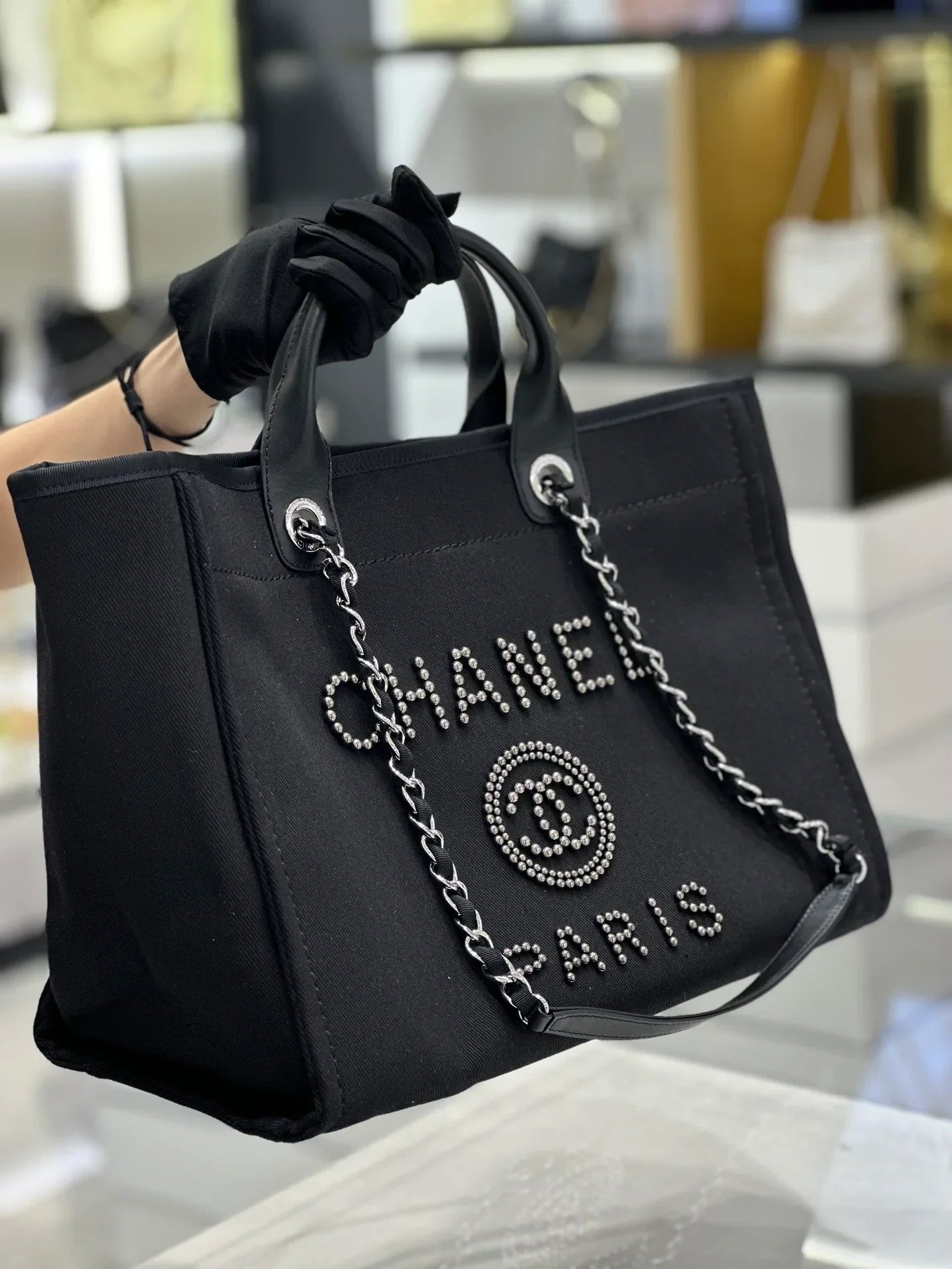 Chanel Natural Canvas and Black Leather Large Pearl Deauville Tote - 30x39x22cm