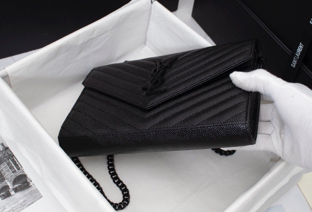 Saint Laurent Matelasse Grain de Poudre Matte Black Monogram Chain Wallet