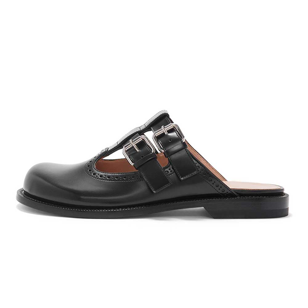 Black Round Toe Buckle Fastening Strap Comfy Flat Mules for Women