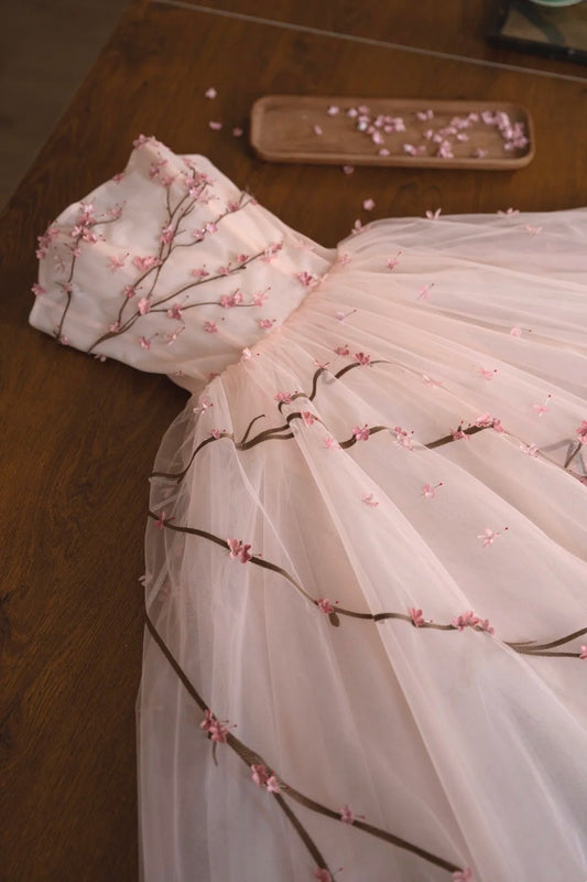 amakanas- Vintage Peach Pink Plum Blossom 3D Embroidered Strapless Tulle Chinese Style Evening Gown gh6034