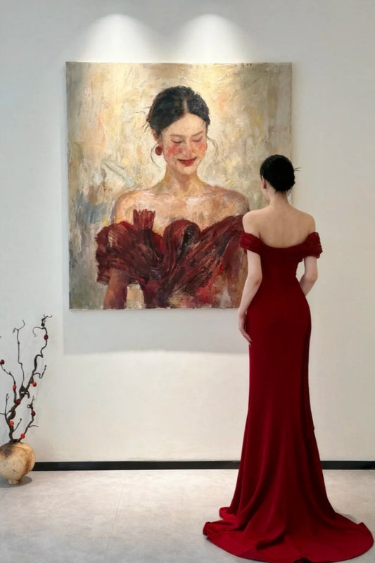 amakanas- Red Off-The-Shoulder Bodycon Satin Floor-Length Ball Gown Prom Dress gh5963