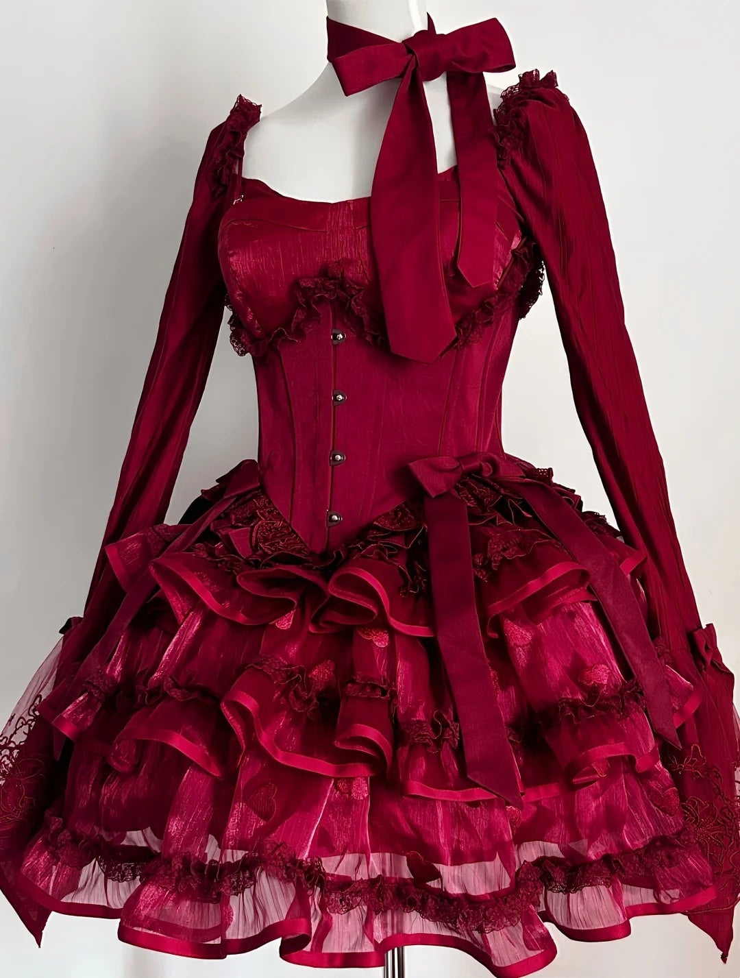 amakanas-Long sleeve/sleeveless Vintage Wine Red Lolita Bow Lace Tiered Short Party Dress gh6031