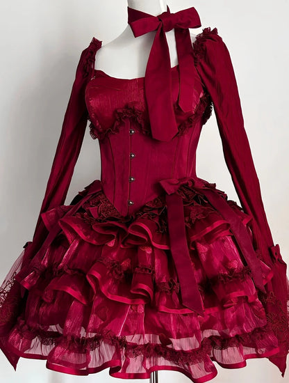 amakanas-Long sleeve/sleeveless Vintage Wine Red Lolita Bow Lace Tiered Short Party Dress gh6031