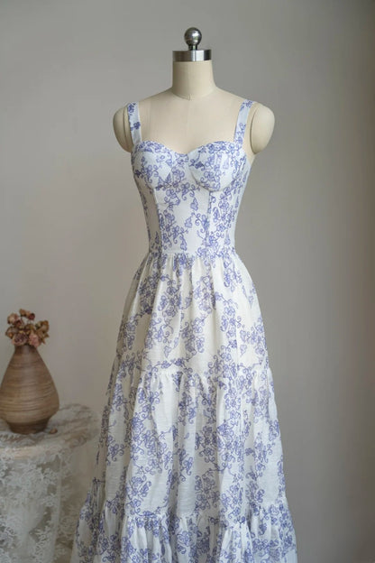 amakanas- Vintage Blue-White Floral Square Neck Spaghetti Strap Long Style Evening Gown gh6036