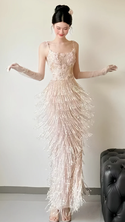 Sparkle Appliques Sheath Prom Dresses Tassel Night Dance Dress cg26085