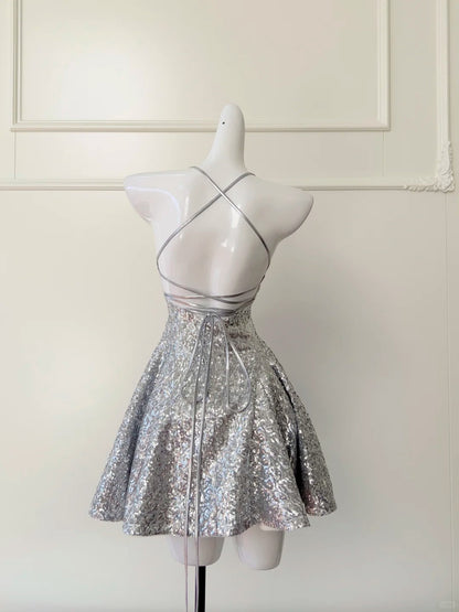 Silver shiny niche vintage dress short sequin homecoming dress birthday cocktail party dress gh4306