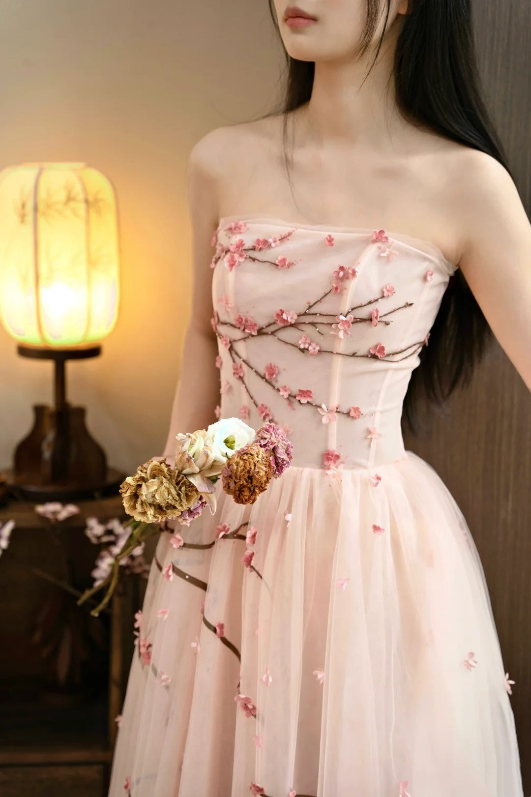 amakanas- Vintage Peach Pink Plum Blossom 3D Embroidered Strapless Tulle Chinese Style Evening Gown gh6034