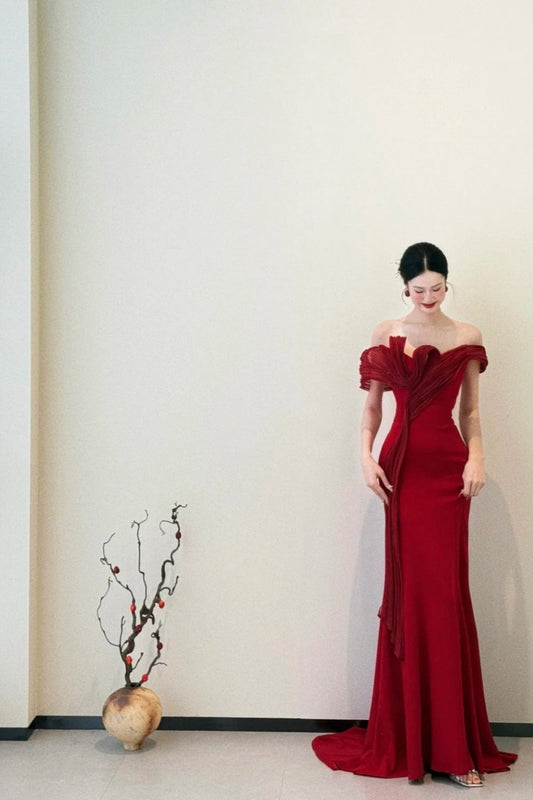 amakanas- Red Off-The-Shoulder Bodycon Satin Floor-Length Ball Gown Prom Dress gh5963