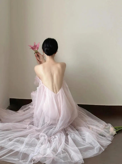 amakanas- Vintage Pink Tulle Off-Shoulder Puff Sleeve Open-Back Long Forest-Style Evening Gown gh6092