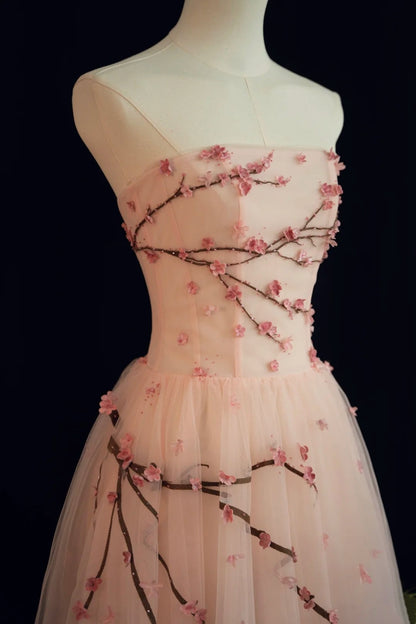 amakanas- Vintage Peach Pink Plum Blossom 3D Embroidered Strapless Tulle Chinese Style Evening Gown gh6034