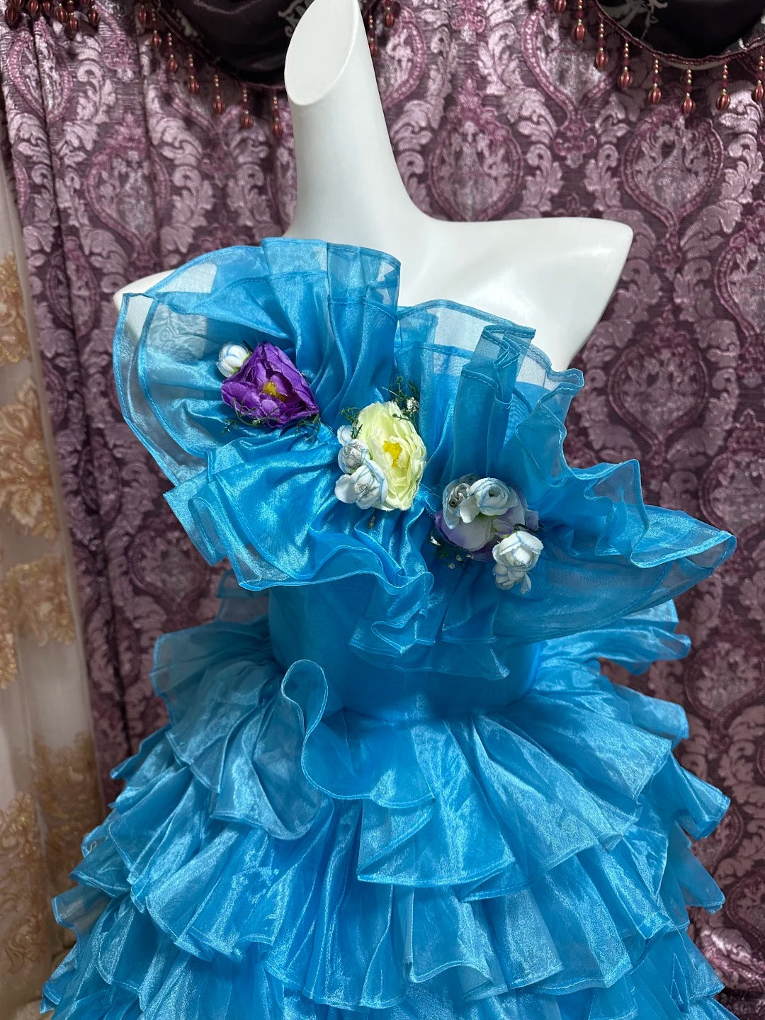Blue Floral Ruffle Short Tulle Homecoming Dress Prom Gown gh4641