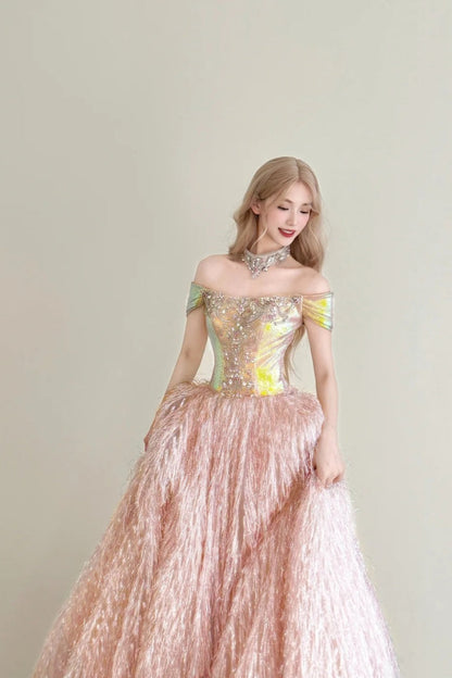amakanas-Vintage Pink-Gold Contrast Off-Shoulder Court Style Evening Gown gh6027