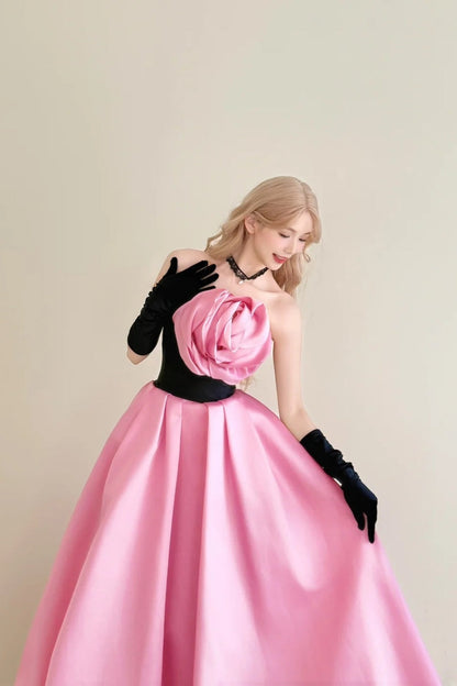 amakanas-Vintage Pink-Black Contrast 3D Floral Strapless Swing Court Style Evening Gown gh6029
