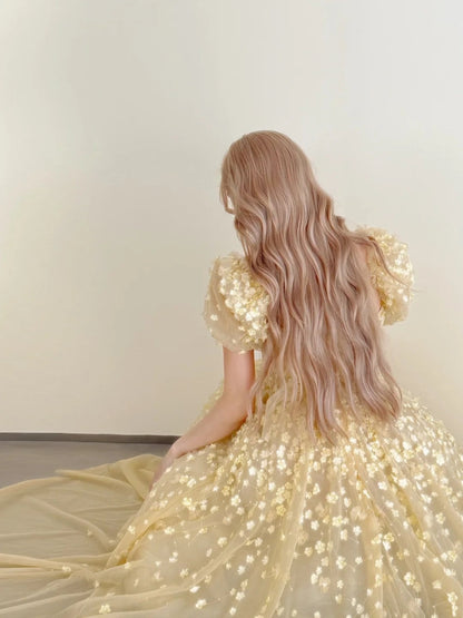 amakanas-Vintage Goose Yellow Puff Sleeve Sequin Swing Court Style Evening Gown gh6028