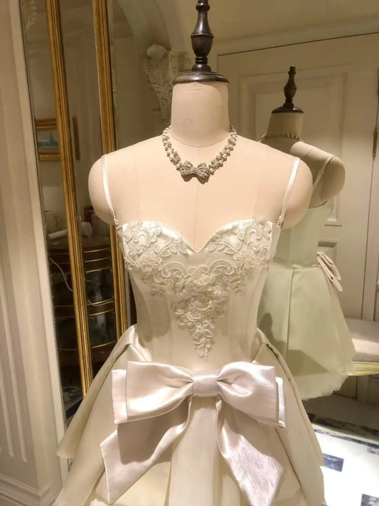 amakanas-White bow short satin tulle homecoming dress birthday party dress eighth grade dress gh5292