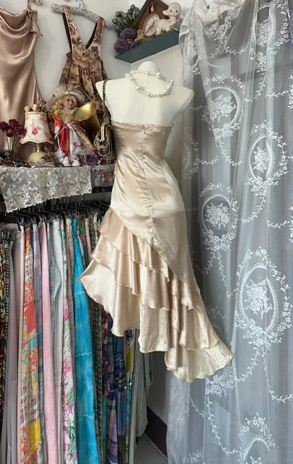 amakanas-Champagne Short Ruffle Satin Homecoming Dress Birthday Dress gh5246
