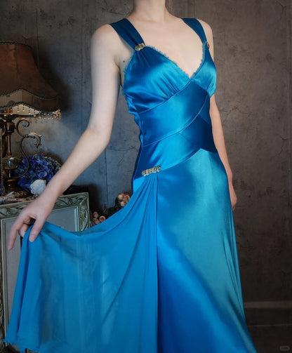 Ocean blue homecoming dress vintage ribbon beautiful satin retro elegant long satin prom dress evening dress party dress gh4806