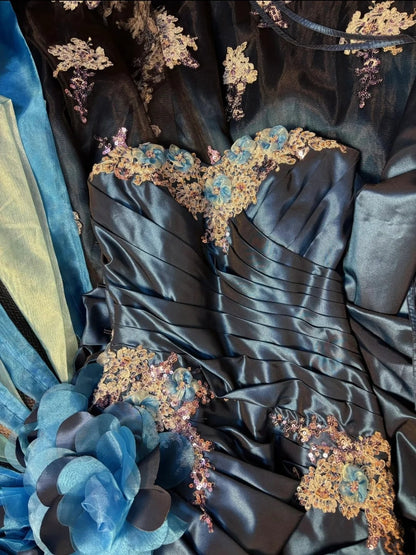 amakanas-Vintage Deep Sea Blue 3D Floral Embroidered Long Train Court Style Evening Gown gh6032