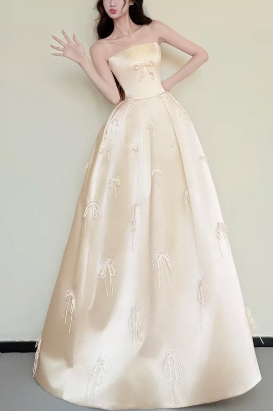 amakanas-Sweet Bow Exquisite Beaded Long Satin Belle Princess Ball Gown Evening Dress Graduation Dress gh5978