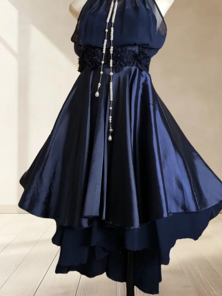 amakanas--Navy blue satin retro halter neck elegant satin simple homecoming dress gh5699