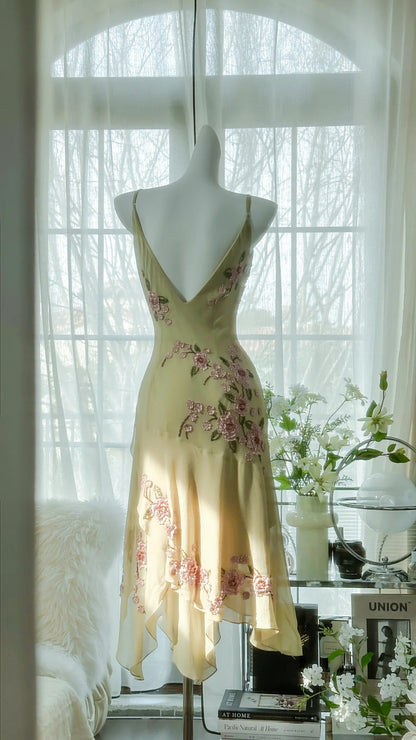 Yellow Elegant Romantic Delicate Pink Floral Beading Spaghetti Straps Midi/Short Chiffon Homecoming Ball Gown Evening Dress Birthday/Wedding Guest/Holiday Party Dress Prom Dress gh4023