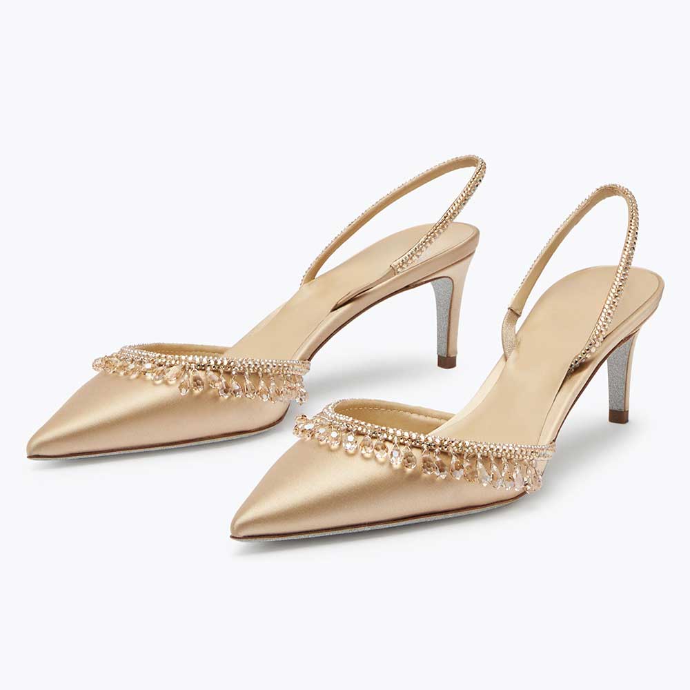 Gold Satin Pointed Toe Rhinestone Embellished Kitten Heeled Pumps