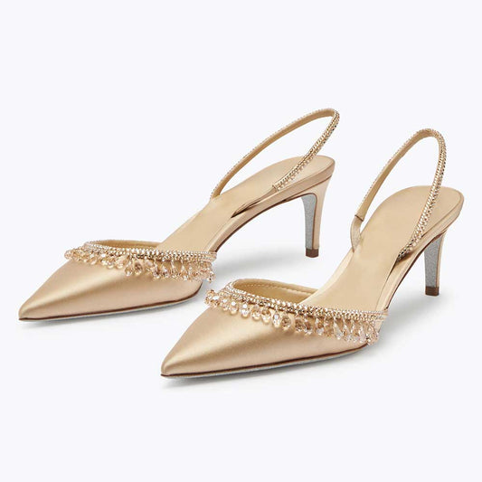 Gold Satin Pointed Toe Rhinestone Embellished Kitten Heeled Pumps