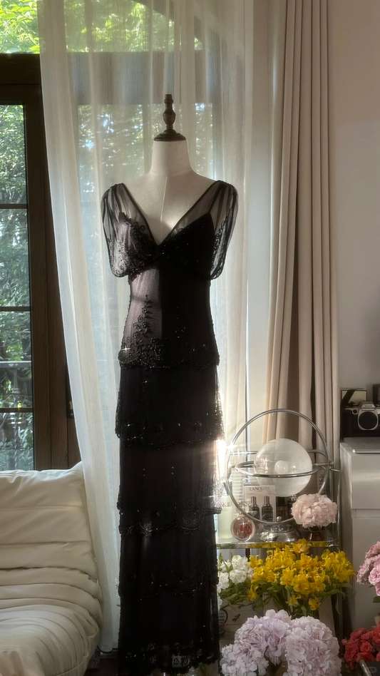 Vintage Black Applique Elegant Design A-line Romantic Chiffon Evening Dress Prom Dress TP4002