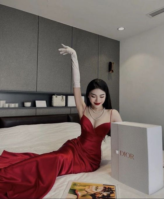 Simple A line Spaghetti Straps Sleeveless Satin Red Prom Dresses Long Prom Dress P491