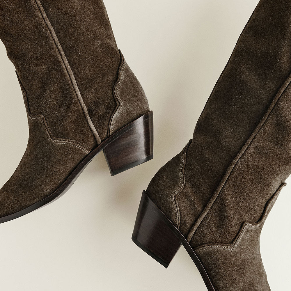 Olive Vegan Suede Snip Toe Chunky Heel Pull-On Knee Cowgirl Boots