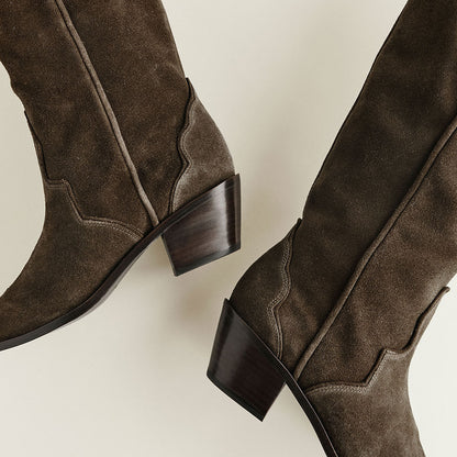 Olive Vegan Suede Snip Toe Chunky Heel Pull-On Knee Cowgirl Boots