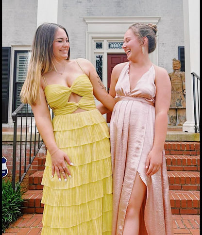 Yellow stylish elegant spaghetti straps long satin tiered ball gown formal evening dress party dress gh3655
