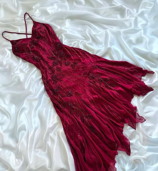 amakanas-Vintage Wine Red Hand-Beaded Cross Strap Asymmetric Ruffle Evening Gown gh6010